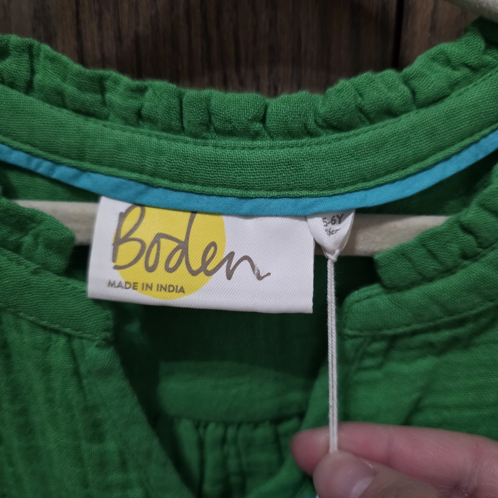 Mini Boden Green Tiered Long-Sleeve Dress with Blue Tassel - Picture 3 of 3